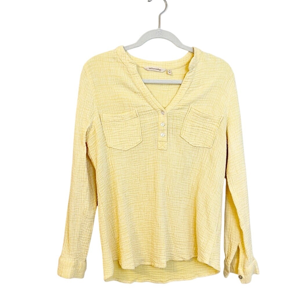 Soft Surroundings Yellow Cotton Double Gauze Henley Top XS 2CD13 Long Sleeve